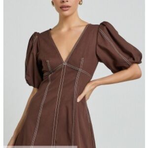 Showpo Brown Long Sleeve Dress with Puff Sleeves